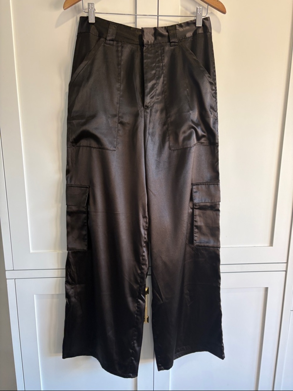 Twik Simons Black Satin like Wide-Leg Cargo Trousers Size Medium